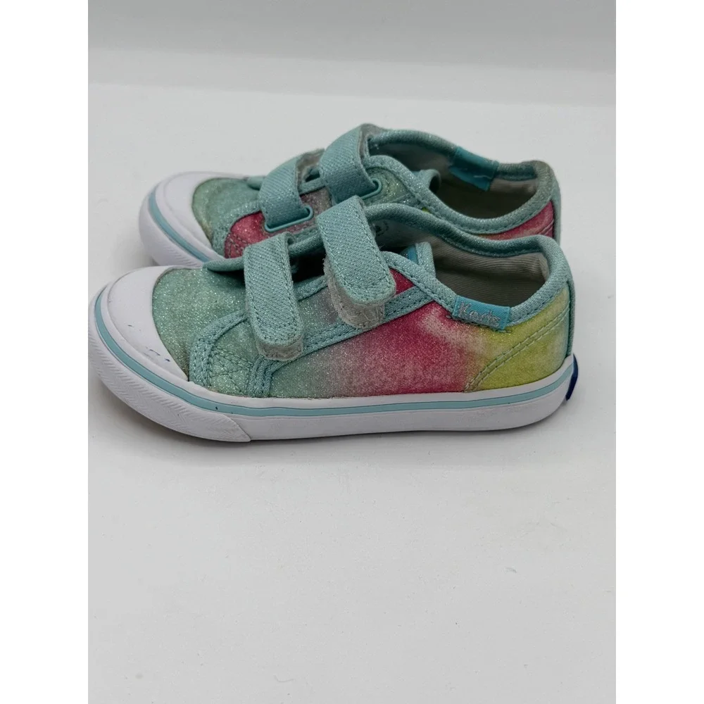 Keds Kids Glittery Hook & Loop Turquoise Multi-stripe Colorway Sneakers Size 7